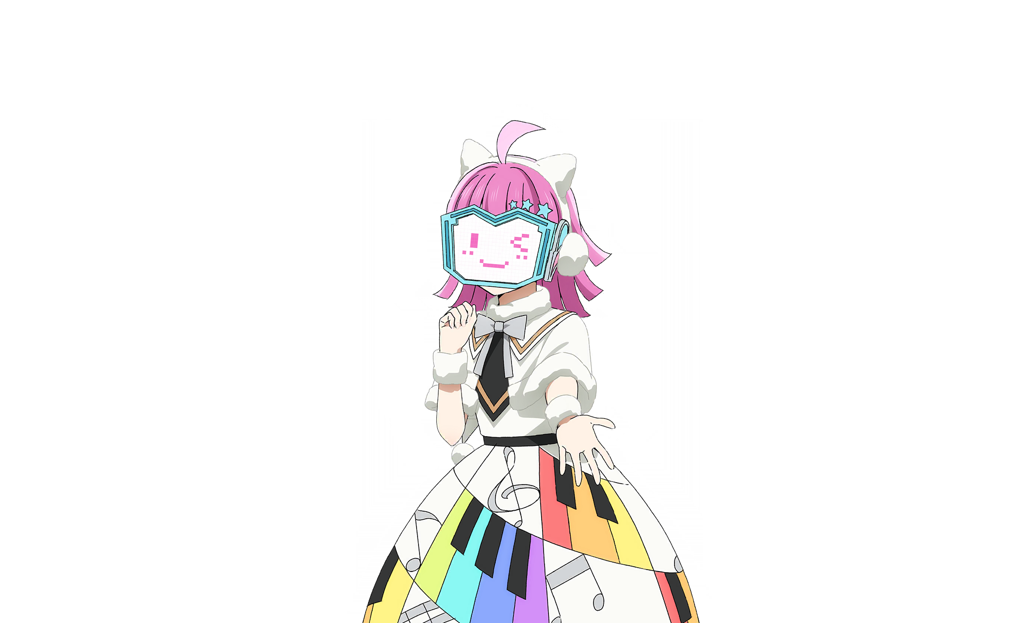 &gt;_o 1girl ahoge animal_ear_hairband animal_ears blunt_bangs capelet cat_ear_hairband cat_ears clenched_hand colorful_dreams!_colorful_smiles!_(love_live!) cowboy_shot dot-matrix dress earmuffs fake_animal_ears fur-trimmed_capelet fur-trimmed_collar fur_trim grey_ribbon hair_ornament hairband hand_up highres holding_hands kishimen_hair looking_at_viewer love_live! love_live!_nijigasaki_high_school_idol_club love_live!_school_idol_festival_2 medium_hair musical_note musical_note_print neck_ribbon offering_hand official_art one_eye_closed open_hand outstretched_arm outstretched_hand piano_print pink_hair rainbow_print rainbow_skirt reaching ribbon rina-chan_board solo star_(symbol) star_hair_ornament tennoji_rina transparent_background white_capelet white_dress wristband