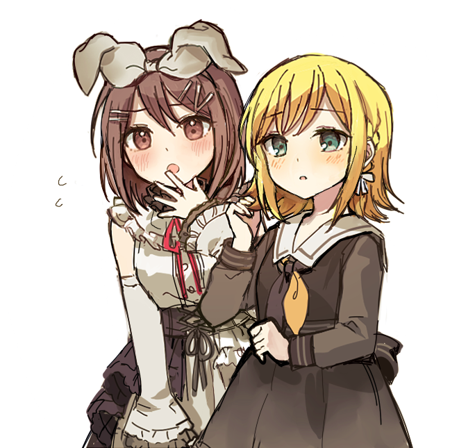 0827el 25-ji_rin 2girls alternate_hairstyle black_dress black_neckerchief black_skirt blonde_hair blush bow braid brown_eyes brown_hair commentary cosplay costume_switch covering_own_mouth dress embarrassed flying_sweatdrops green_eyes hair_bow hair_ornament hairclip hairstyle_switch hand_over_own_mouth kagamine_rin kagamine_rin_(cosplay) long_sleeves multiple_girls neck_ribbon neckerchief open_mouth orange_neckerchief project_sekai red_ribbon ribbon sailor_collar shinonome_ena shinonome_ena_(cosplay) shirt short_hair simple_background skirt two-tone_skirt upper_body vocaloid white_background white_bow white_sailor_collar white_shirt white_skirt