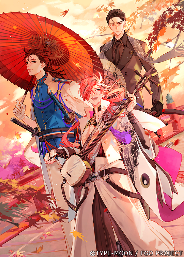 3boys autumn_leaves belt black_belt black_eyes black_gloves black_hair black_jacket black_necktie black_shirt blue_shirt coat coat_on_shoulders collared_shirt commentary_request dragon_print earrings eyebrow_cut fate/grand_order fate_(series) feet_out_of_frame gloves hand_fan holding holding_fan holding_instrument holding_umbrella instrument jacket japanese_clothes jewelry katana leaf long_hair long_sleeves looking_away male_focus maple_leaf multicolored_hair multiple_boys necktie official_art oil-paper_umbrella open_mouth pants pectoral_cleavage pectorals ponytail red_eyes red_hair sakamoto_ryouma_(fate) sakamoto_ryouma_(lancer)_(fate) sakuramochi1003 shamisen shirt short_hair sky smile stole streaked_hair striped_belt sword takasugi_shinsaku_(fate) takechi_zuizan_(fate) tassel teeth umbrella underpec upper_teeth_only weapon white_coat white_gloves white_hair white_jacket white_pants wide_sleeves