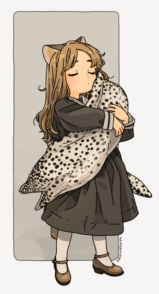 1girl akai_sashimi animal animal_ears black_dress blush border brown_hair brown_shoes cat_ears cat_girl cat_tail closed_eyes commentary_request dress eel full_body grey_background highres holding holding_animal leopard_eel long_hair long_sleeves original shoes signature solo standing tail white_background white_legwear