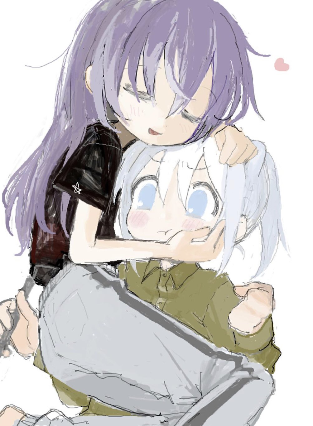 2girls black_shirt blue_eyes blush cheek_press closed_eyes closed_mouth collared_shirt dress_shirt green_shirt grey_pants hair_down hair_horns head_hug heart highres hitonatz holding holding_stylus long_hair long_sleeves medium_hair multiple_girls null-meta open_mouth pants ponytail purple_hair shinohara_kogome shirt short_sleeves simple_background sketch smile stylus takada_shiyuki track_pants v-shaped_eyebrows white_hair