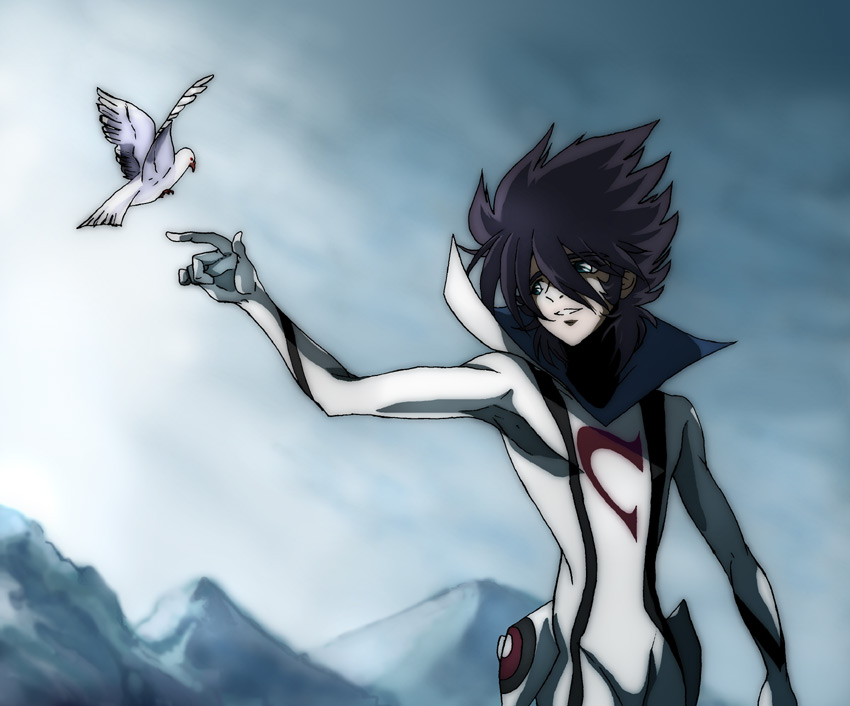 1boy akira-riku bird blue_eyes bodysuit brown_hair casshern casshern_(series) casshern_sins commentary_request day dove grin hair_between_eyes long_bangs looking_at_animal looking_to_the_side male_focus mountain outdoors overcast popped_collar short_hair sky smile solo spiked_hair upper_body white_bodysuit