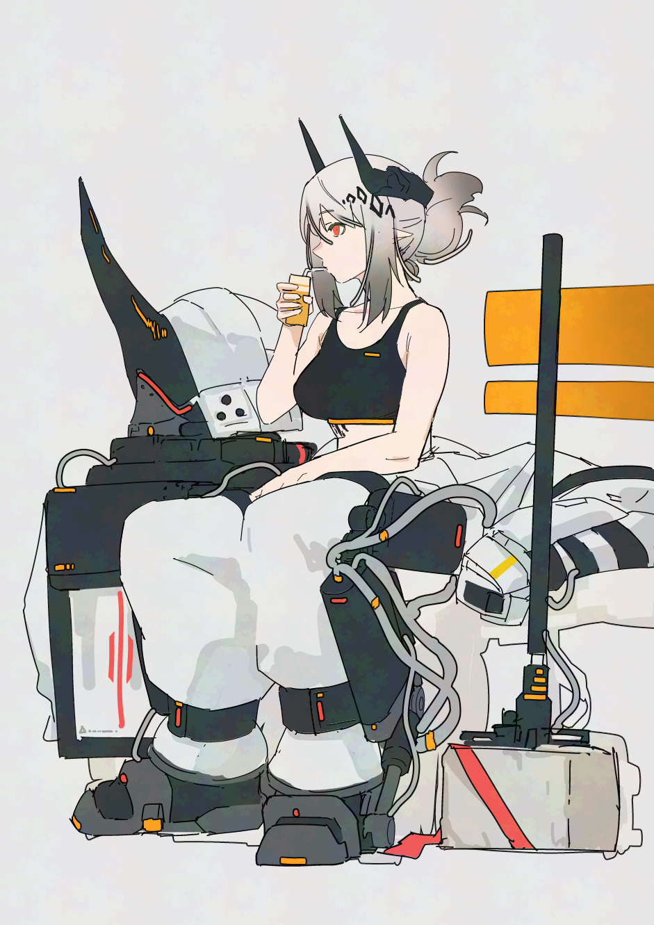 1girl arknights black_bra black_sports_bra bra breasts commentary demon_horns drinking drinking_straw exocet_(exocet4) full_body grey_background grey_hair hair_ornament hammer helmet highres horns juice_box jumpsuit material_growth medium_breasts medium_hair midriff mudrock_(arknights) mudrock_(elite_ii)_(arknights) open_jumpsuit oripathy_lesion_(arknights) pointy_ears ponytail profile red_eyes simple_background sitting sledgehammer solo sports_bra underwear unworn_headwear unworn_helmet white_jumpsuit