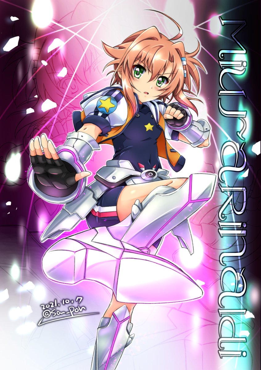 1girl ahoge artist_name black_bodysuit black_gloves blush bodysuit breasts character_name covered_navel dated fingerless_gloves gloves green_eyes highres looking_at_viewer lyrical_nanoha mahou_shoujo_lyrical_nanoha_vivid miura_rinaldi open_mouth orange_hair san-pon short_hair small_breasts solo