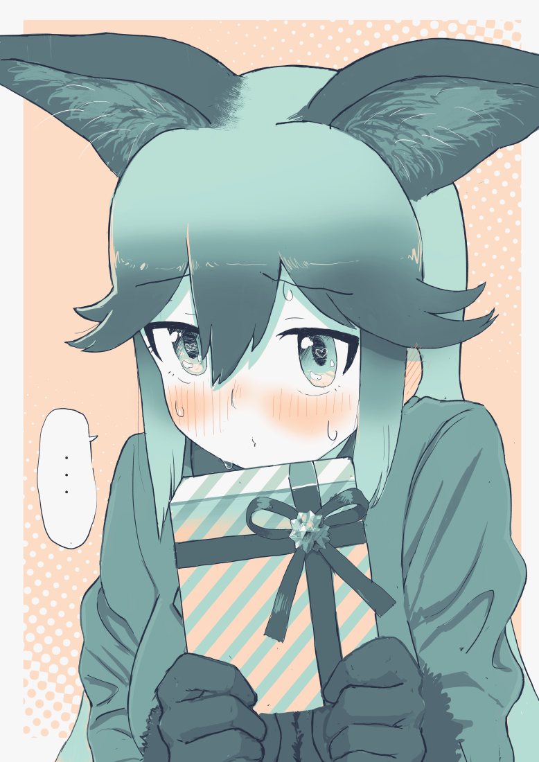 ... 1girl animal_ears blush box box_of_chocolates fox_ears fox_girl fur_trim gloves hair_between_eyes jacket kemono_friends long_hair long_sleeves looking_at_viewer sidelocks silver_fox_(kemono_friends) solo spoken_ellipsis sweatdrop yumeumi_sousaku