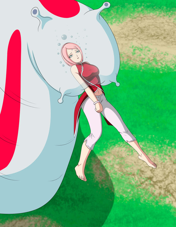 1girl barefoot boruto:_naruto_next_generations breasts bubble defeat eating elmonais feet haruno_sakura helpless large_breasts monster naruto naruto_(series) navel ninja outdoors pants peril pink_hair short_hair slug toes transparent vore white_pants