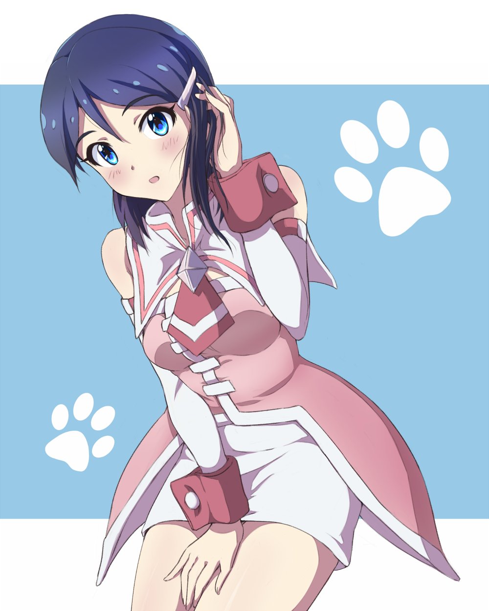1girl bare_shoulders blue_background blue_eyes blue_hair blush border breasts collar cowboy_shot cute_&amp;_girly_(idolmaster) detached_collar detached_sleeves dot_nose dress footprints hair_ornament hairclip hand_on_own_head hand_on_own_leg hand_up highres hina_(araburu-hinadori) idolmaster idolmaster_dearly_stars leaning_forward medium_breasts miniskirt mizutani_eri necktie open_mouth outside_border pencil_skirt pink_dress pink_necktie pink_trim pink_wrist_cuffs short_hair simple_background skirt smile solo standing white_border white_collar white_skirt white_sleeves white_trim wrist_cuffs
