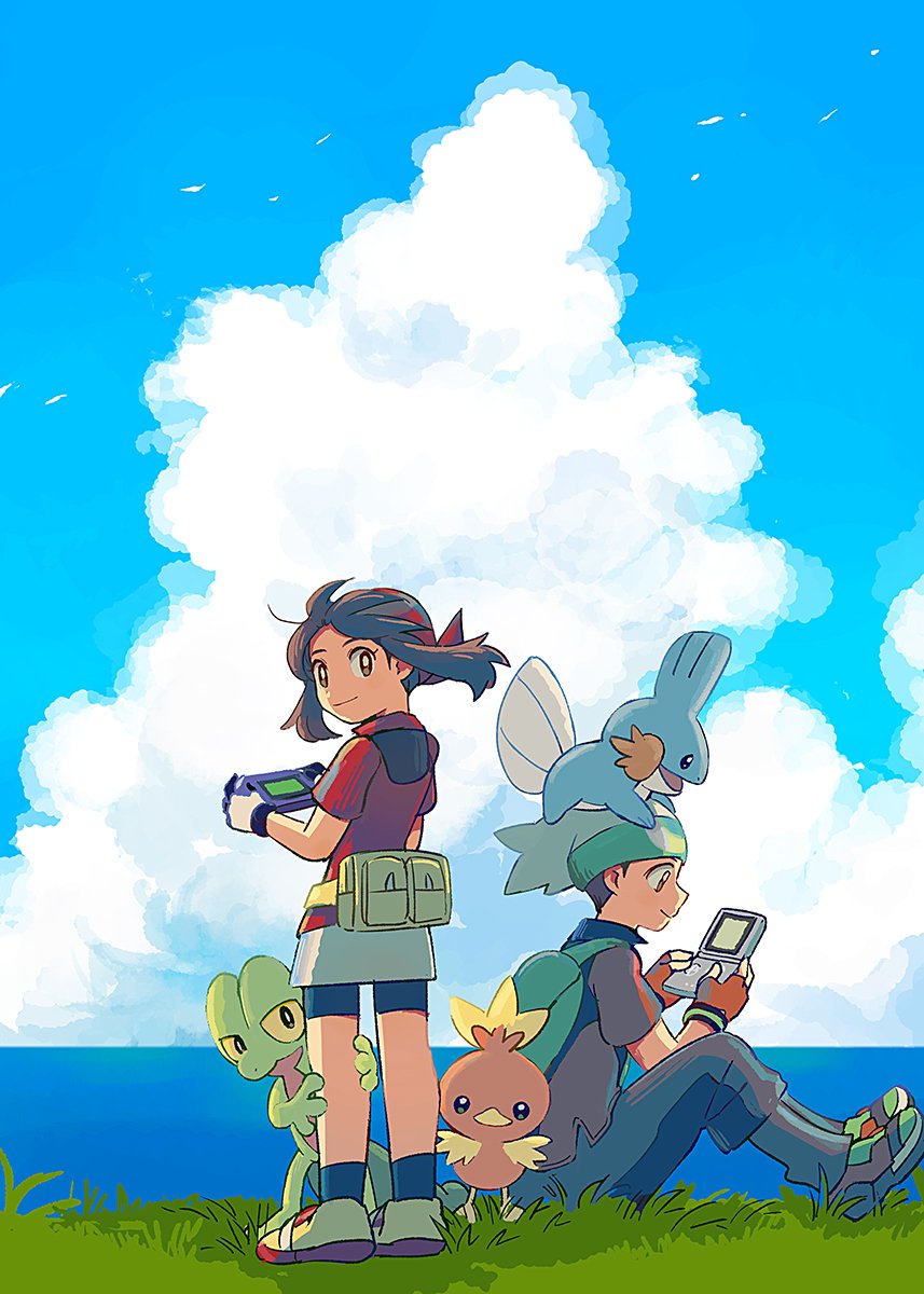 1boy 1girl bag bandana bike_shorts bike_shorts_under_skirt black_hair black_pants black_shirt black_socks brendan_(pokemon) brown_eyes brown_hair cloud cloudy_sky commentary_request fanny_pack fingerless_gloves game_boy_advance game_boy_advance_sp game_freak gen_3_pokemon gloves green_bag green_footwear handheld_game_console hat highres holding holding_handheld_game_console knees_up leg_grab light_smile looking_at_viewer looking_back may_(pokemon) medium_hair mudkip nintendo ocean on_head orange_gloves outdoors pants pokemon pokemon_(creature) pokemon_emerald pokemon_on_head pokemon_rse popcorn_91 red_bandana red_shirt shirt shoes short_hair shoulder_bag sitting skirt sky smile socks standing starter_pokemon_trio torchic treecko white_gloves white_hat white_skirt yellow_bag yellow_shoes