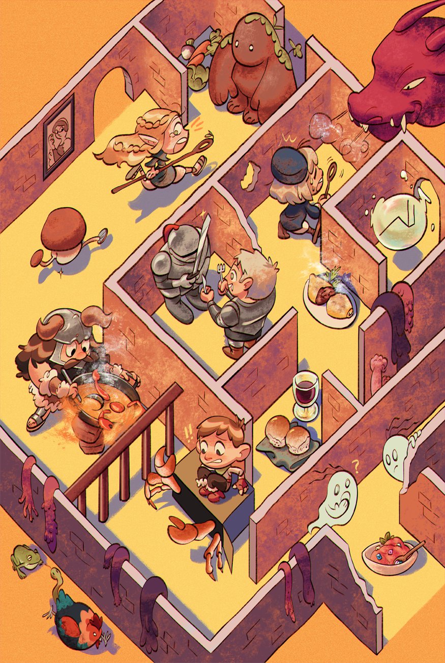 2girls 3boys ? alcohol alicenpai armor basilisk battle beard belt_pouch bird black_hair black_pants blonde_hair blue_capelet blue_headwear blue_robe boots bowl braid bread breath brick_wall brown_gloves cabbage capelet carrot chainmail chibi chicken chilchuck_tims commentary confused cooking crystal cup dragon drinking_glass dungeon_meshi dwarf elf english_commentary excited facial_hair fake_horns falin_touden falin_touden_(tallman) fleeing food fork french_braid frog from_above full_armor ghost gloves golem green_eyes green_scarf halfling hat helmet hermit_crab highres holding holding_fork holding_knife holding_staff hood hood_down hooded_capelet horned_helmet horns knife laios_touden leather_armor long_beard long_hair long_sleeves marcille_donato maze mimic mimic_chest multiple_boys multiple_braids multiple_girls mushroom omelet open_mouth pants parted_bangs pauldrons plant_roots plate plate_armor pointy_ears portrait_(object) pouch railing robe running sandals scarf scorpion senshi_(dungeon_meshi) sherbet shirt short_hair shoulder_armor side_braid sideways_glance sitting sparkling_eyes spirit sprout staff standing steam sweat sword vambraces walking_mushroom_(dungeon_meshi) weapon western_dragon white_pants white_shirt wine wine_glass wok yellow_background
