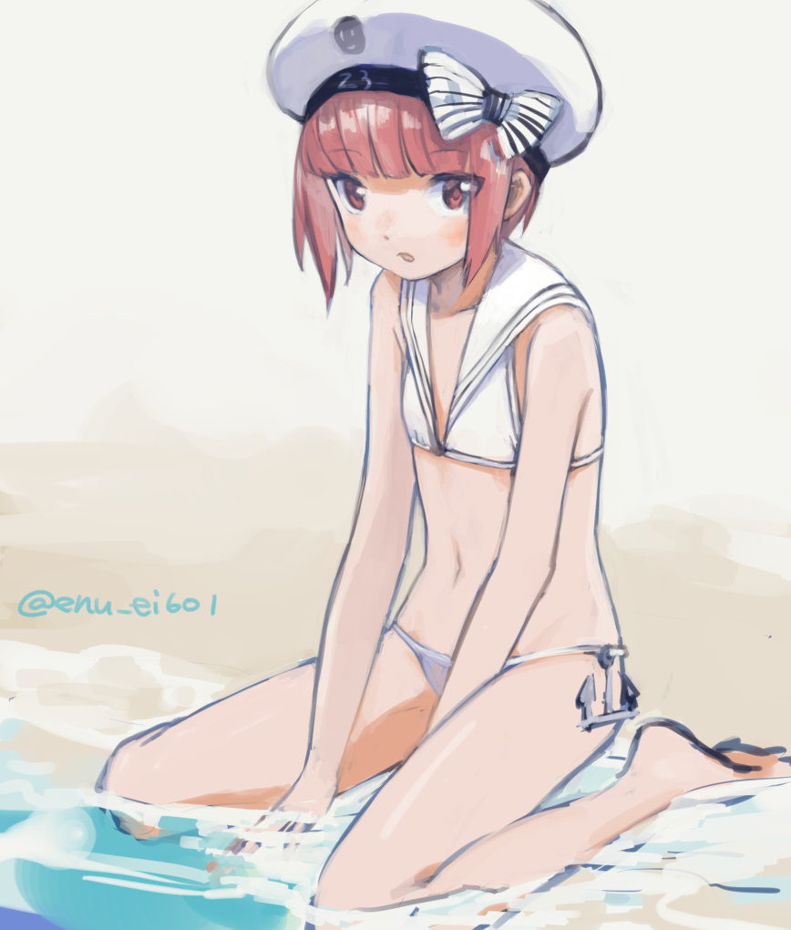 1girl anchor_ornament bare_legs beach between_legs bikini blunt_bangs blush bow character_name cola commentary_request feet flat_chest full_body hand_between_legs hat hat_bow kantai_collection karamomo medium_hair navel one-hour_drawing_challenge open_mouth outdoors red_eyes red_hair sailor_bikini sailor_collar sidelocks sitting solo stomach string_bikini swimsuit twitter_username wariza water white_bikini white_bow white_hat white_sailor_collar z3_max_schultz_(kancolle) z3_max_schultz_(swimsuit)_(kancolle)