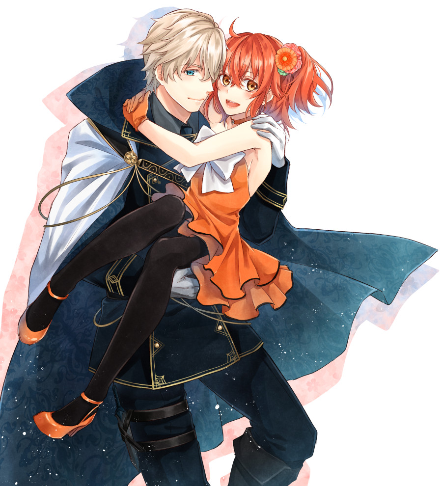 1boy 1girl :d ahoge alternate_costume bare_shoulders black_pants black_pantyhose blue_eyes blush bow breasts cape carrying closed_mouth couple dress fate/grand_order fate_(series) flower formal_clothes fujimaru_ritsuka_(female) fujimaru_ritsuka_(female)_(starlight_fest) gawain_(fate) gloves hair_between_eyes hair_flower hair_ornament hand_on_another&#039;s_shoulder happy hetero high_heels layered_dress looking_at_viewer medium_breasts nishinishihigas official_alternate_costume open_mouth orange_dress orange_footwear orange_gloves orange_hair pants pantyhose princess_carry short_dress short_hair side_ponytail silver_hair smile standing strapless strapless_dress striped_clothes striped_dress type-moon white_bow white_cape white_gloves yellow_eyes