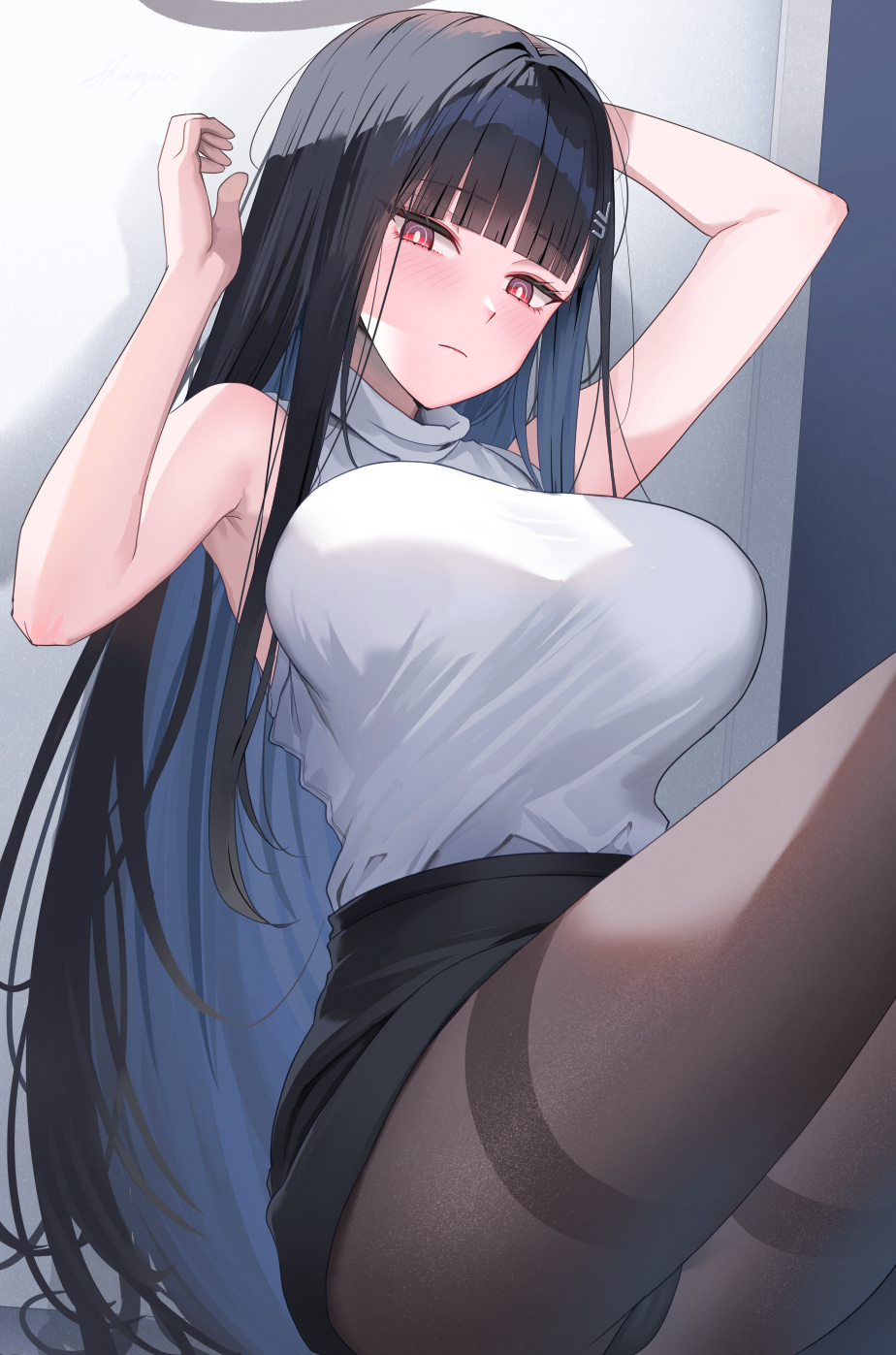 1girl armpit_peek arms_up black_hair black_panties black_pantyhose black_skirt blue_archive blunt_bangs breasts closed_mouth commentary expressionless highres large_breasts long_hair looking_at_viewer miniskirt panties panties_under_pantyhose pantyhose pantyshot pencil_skirt red_eyes rio_(blue_archive) shirt shirt_tucked_in shougun_(chuckni1) sitting skirt sleeveless sleeveless_shirt solo straight_hair thighband_pantyhose turtleneck turtleneck_shirt underwear very_long_hair white_shirt