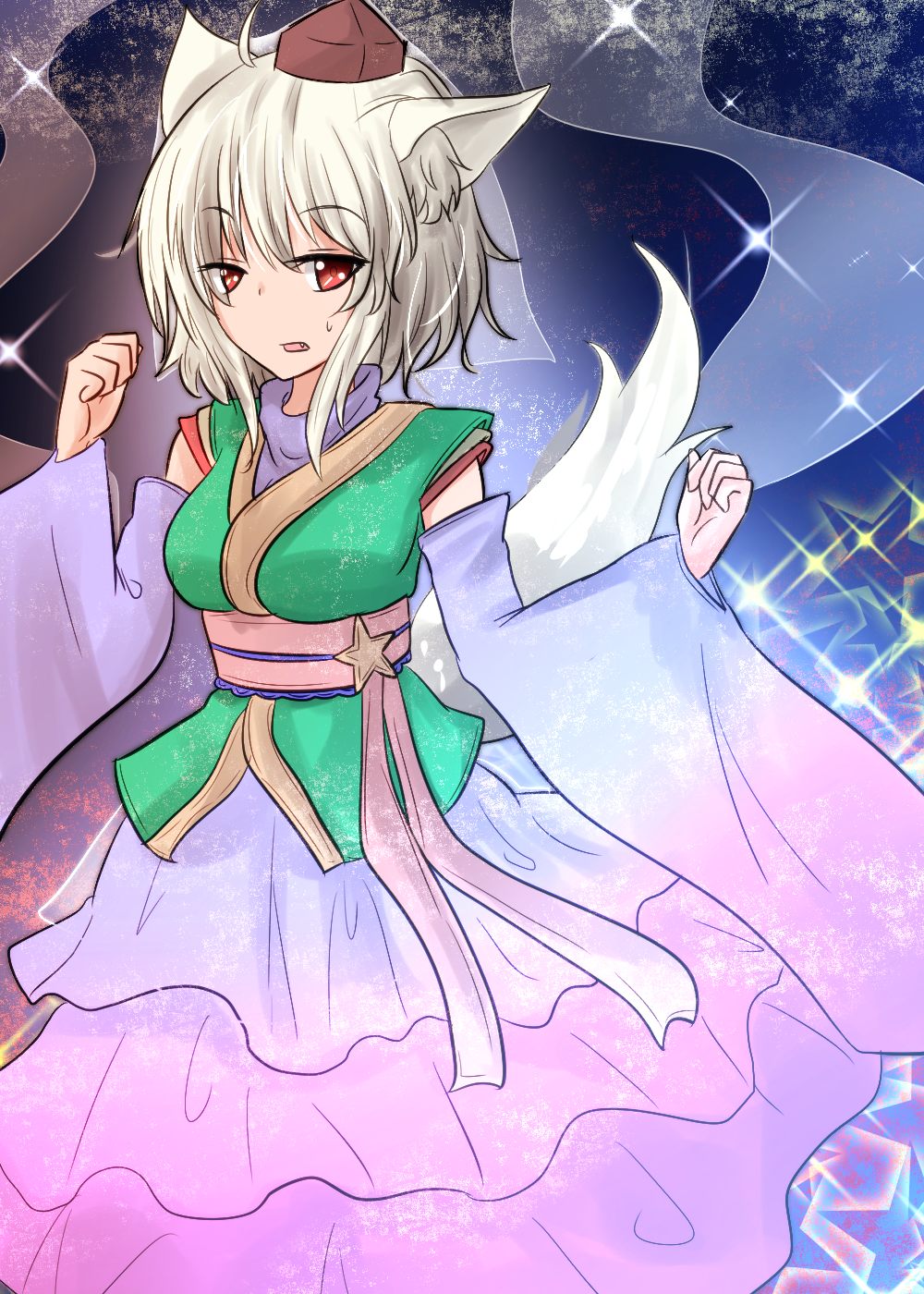 1girl animal_ears breasts cosplay detached_sleeves fang female_focus hat highres inubashiri_momiji open_mouth orihime_(cosplay) orihime_(tanabata) oshiaki red_eyes short_hair silver_hair solo tail tokin_hat touhou wolf_ears wolf_tail