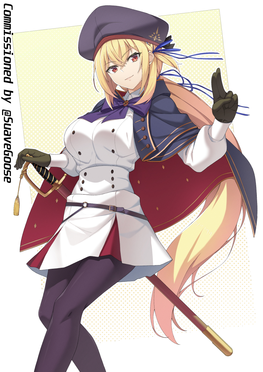 1girl artoria_caster_(fate) artoria_caster_(fate)_(cosplay) artoria_caster_(second_ascension)_(fate) artoria_pendragon_(fate) azur_lane belt beret black_gloves black_hat blonde_hair blush bow breasts cape capelet coat commission cosplay dress fate/grand_order fate_(series) gloves hair_between_eyes hair_ribbon hat highres holding holding_weapon jacket king_george_v_(azur_lane) large_breasts long_hair long_sleeves looking_at_viewer mzrz open_mouth pantyhose peaked_cap red_eyes ribbon scarf shirt sidelocks simple_background skirt smile solo sword twintails uniform very_long_hair voice_actor_connection weapon white_gloves