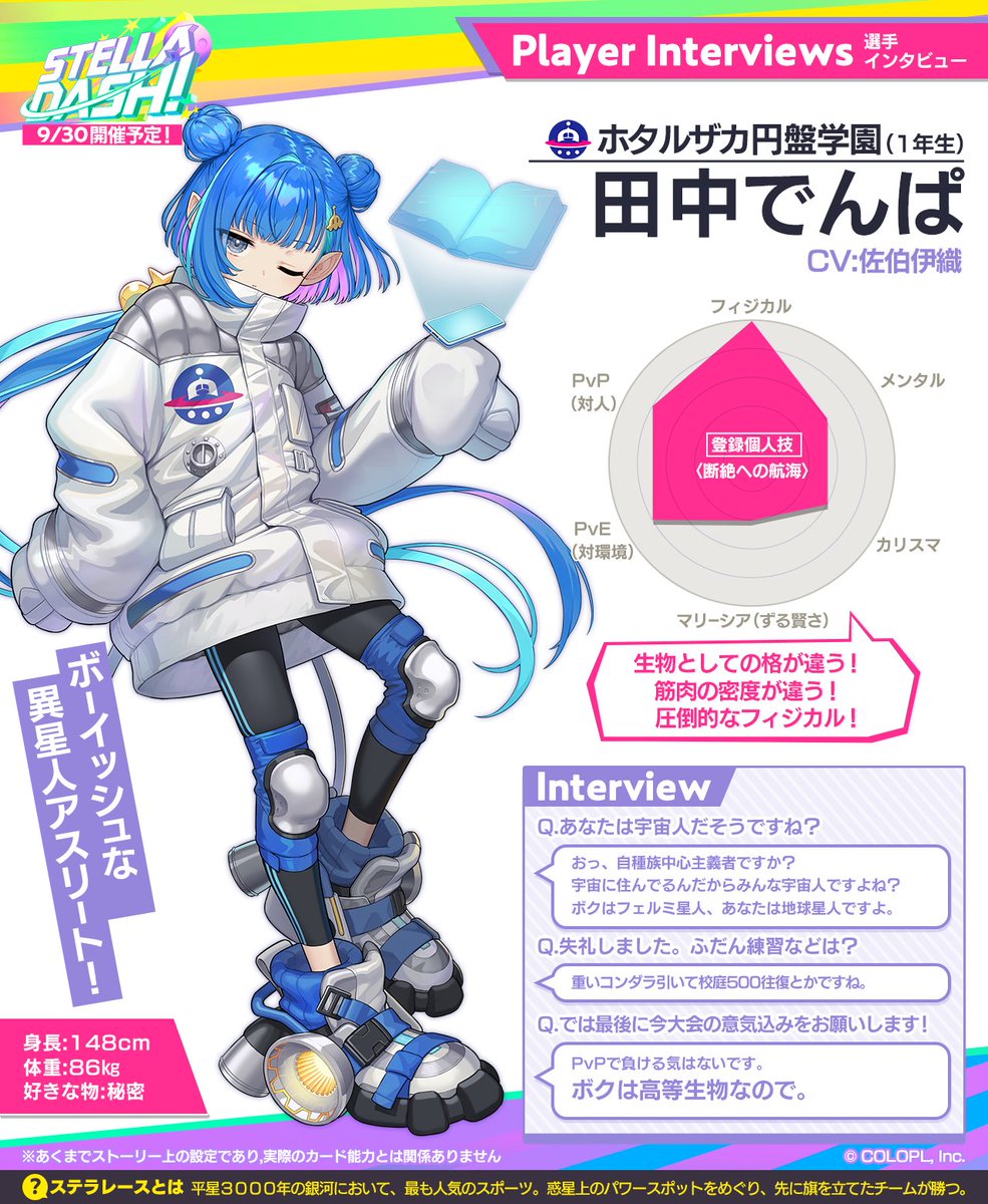 1girl aqua_hair blue_hair character_name character_profile colored_inner_hair commentary_request double_bun graph hair_bun highres hologram long_hair mahou_tsukai_to_kuroneko_no_wiz multicolored_hair official_art one_eye_closed pink_hair pointy_ears radar_chart sleeves_past_fingers sleeves_past_wrists solo standing tanaka_dempa translation_request ufo_hair_ornament very_long_hair