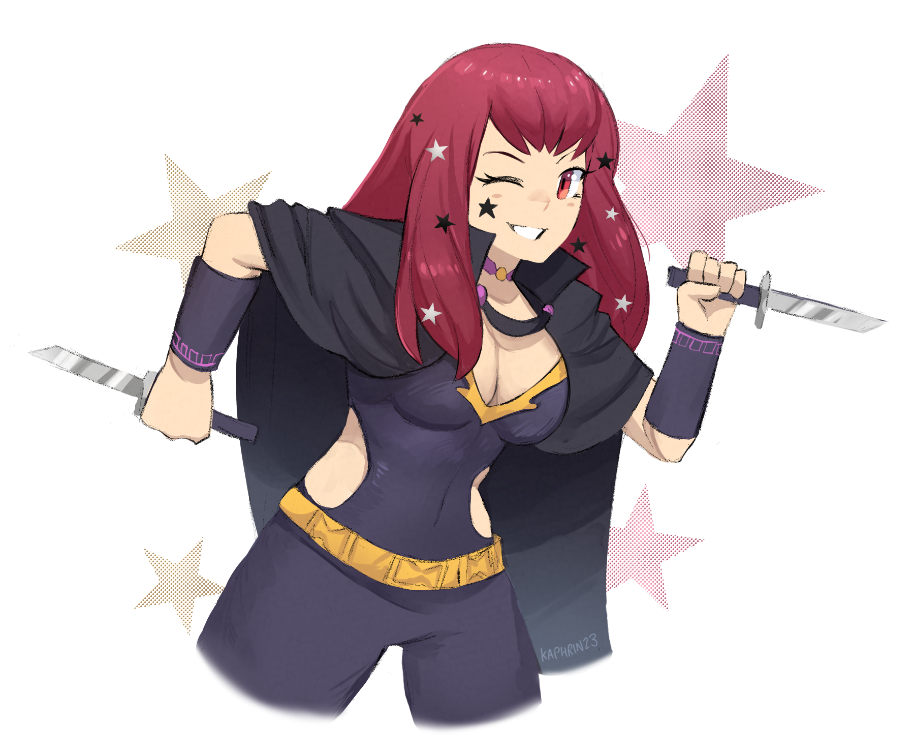 1girl bodysuit breasts cleavage clothing_cutout dual_wielding fire_emblem fire_emblem_engage highres holding kaphrin knife large_breasts long_hair nintendo purple_bodysuit red_eyes red_hair side_cutout solo yunaka_(fire_emblem)