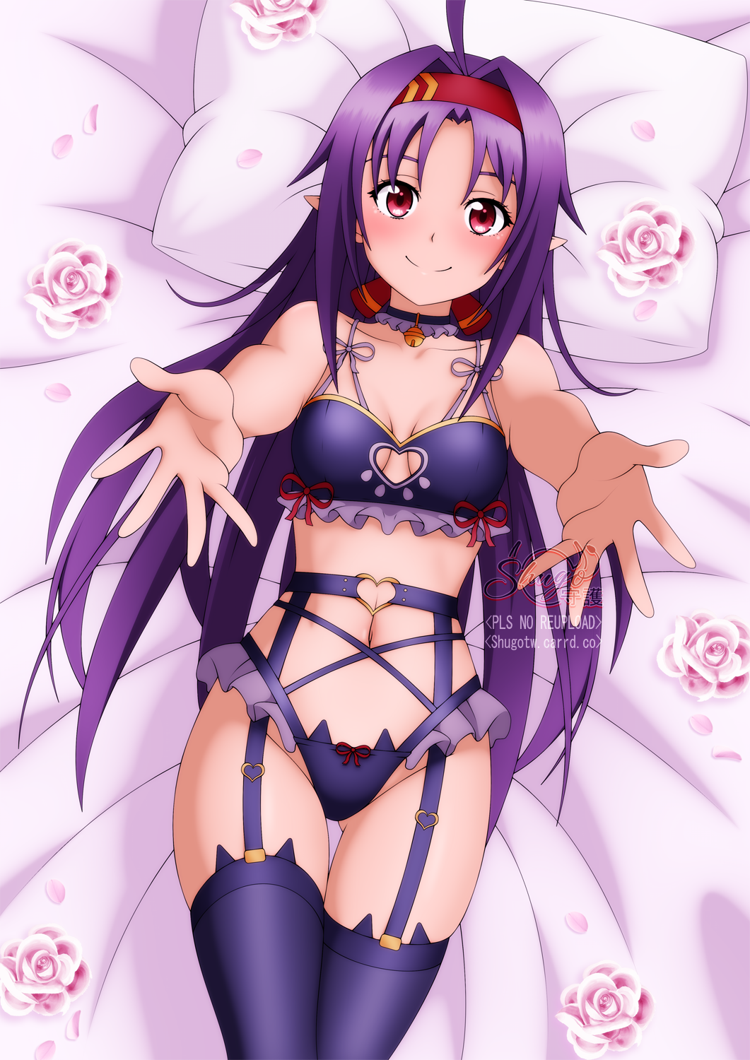 1girl bare_shoulders blush bra breasts choker cleavage_cutout clothing_cutout frilled_choker frills garter_belt garter_straps hairband highres lingerie long_hair looking_at_viewer medium_breasts navel outstretched_arms panties purple_bra purple_hair purple_panties purple_thighhighs red_eyes red_hairband shugo19 smile solo sword_art_online thighhighs underwear yuuki_(sao)