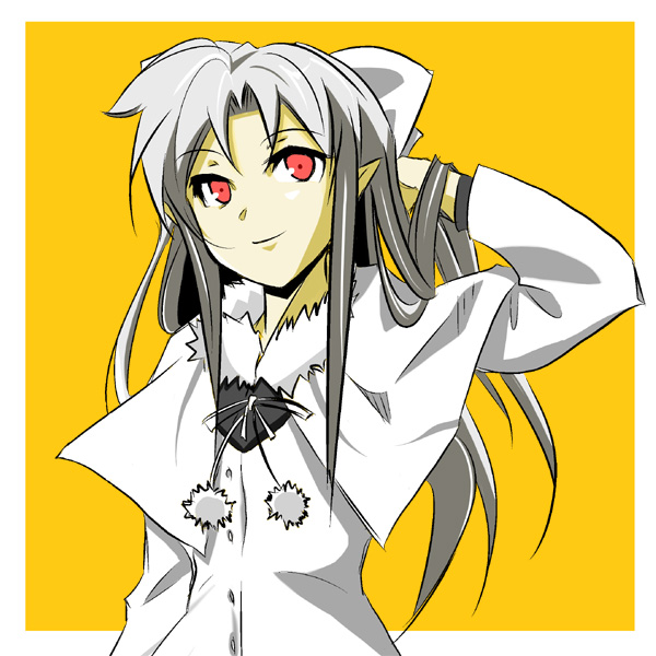 00s 1girl bow capelet female_focus flat_chest hair_bow hand_in_own_hair higurashi_(kenju) long_hair melty_blood pointy_ears red_eyes smile solo tsukihime white_hair white_len_(tsukihime)