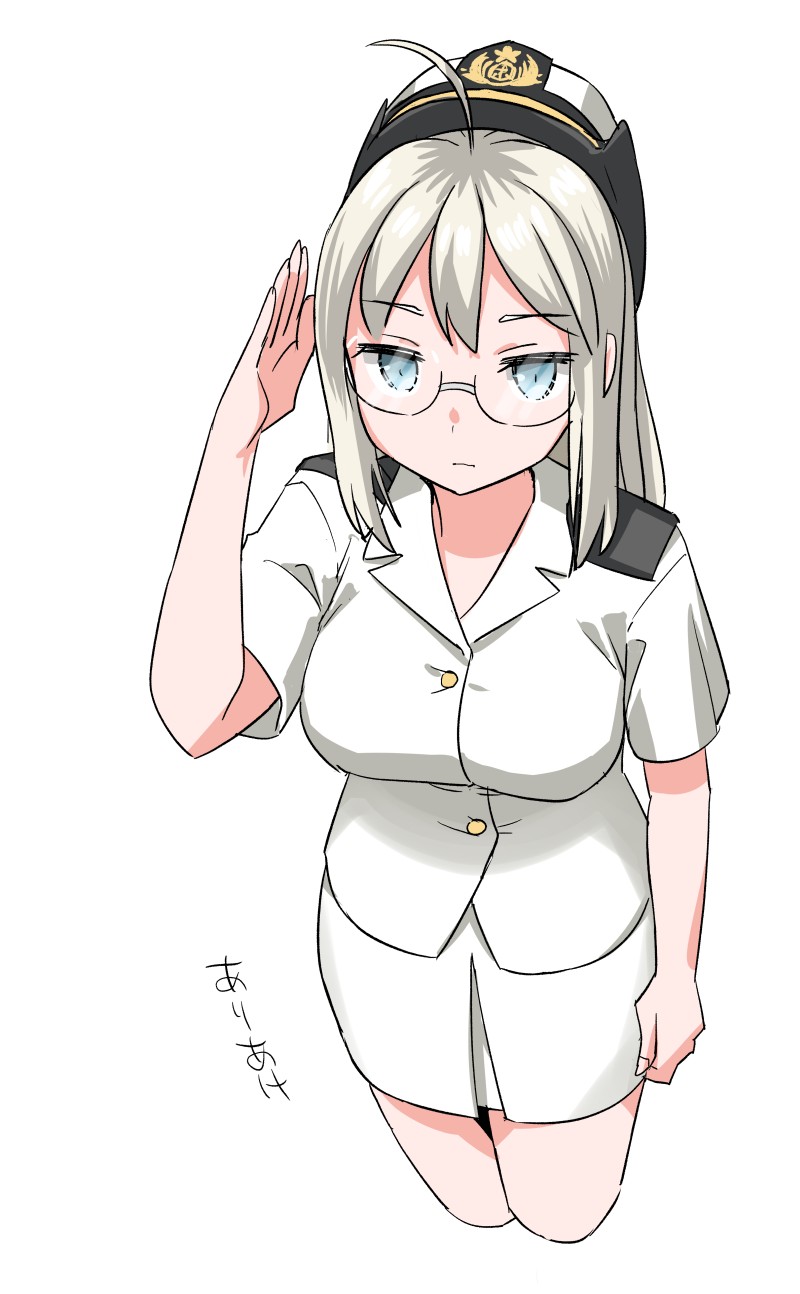 1girl ahoge alternate_costume breasts cropped_legs epaulettes female_service_cap glasses grey_eyes heywood_l._edwards_(kancolle) highres js_ariake_(kancolle) kantai_collection long_hair medium_breasts military military_uniform naval_uniform naval_working_uniform pencil_skirt salute shirt simple_background skirt solo standing tamu_(mad_works) white_background white_hair white_shirt white_skirt