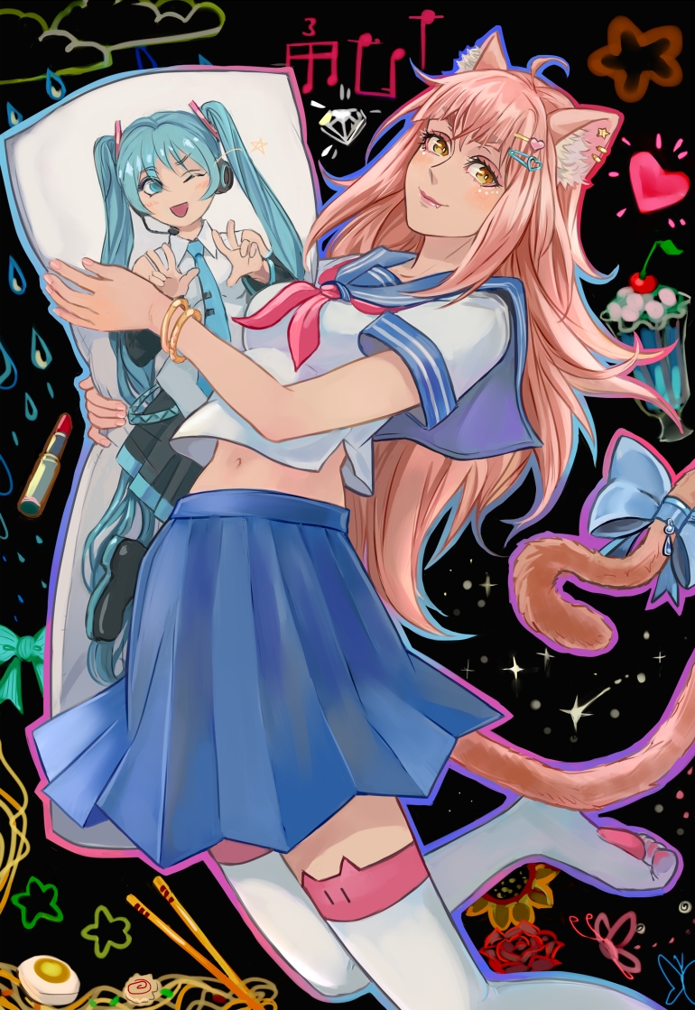 1girl ahoge animal_ear_piercing animal_ears blue_sailor_collar blue_skirt bookari_shop boots bow bracelet breasts cat_ear_footwear cat_ears cat_girl cat_tail chopsticks commentary_request cosmetics dakimakura_(object) diamond_(gemstone) food hardboiled_egg hatsune_miku holding holding_pillow ice_cream jewelry lipstick_tube long_hair miniskirt musical_note navel paw_shoes pillow pink_hair pleated_skirt pointy_ears russian_commentary sailor_collar school_uniform serafuku skirt small_breasts solo star_(symbol) sundae tail tail_bow tail_ornament tail_under_clothes thigh_boots thighhighs vasiliy-plumber vocaloid white_boots yellow_eyes zettai_ryouiki