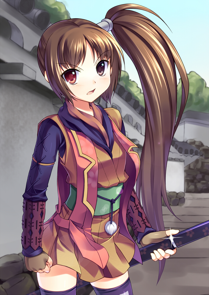 1girl brown_eyes brown_hair bucchake_(asami) capcom female_focus fingerless_gloves gloves heterochromia japanese_clothes long_hair onimusha onimusha:_dawn_of_dreams red_eyes side_ponytail skirt solo sword thighhighs vest weapon yagyuu_juubei_(dawn_of_dreams)