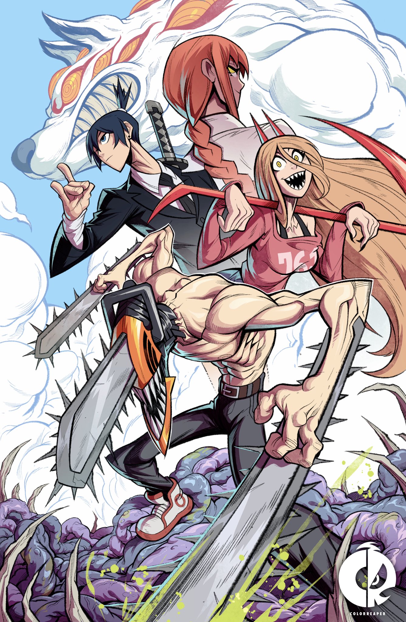 1girl 2boys black_hair black_jacket black_necktie blonde_hair blue_sky braid braided_ponytail breasts chainsaw chainsaw_man cloud collared_shirt denji_(chainsaw_man) earrings extra_eyes formal_clothes fox_devil_(chainsaw_man) fox_shadow_puppet hair_between_eyes hayakawa_aki highres holding holding_scythe horns intestines jacket jewelry katana kevin_shah long_hair looking_afar looking_at_viewer looking_back makima_(chainsaw_man) medium_breasts multiple_boys muscular muscular_male necktie no_eyes off_shoulder on_shoulder open_mouth organs pink_sweater power power_(chainsaw_man) procreate_(medium) red_hair red_horns ribs ringed_eyes scythe sharp_teeth shirt short_hair sidelocks sky smile stud_earrings stylized_blood suit sweater sword teeth topknot weapon weapon_on_back white_shirt yellow_eyes