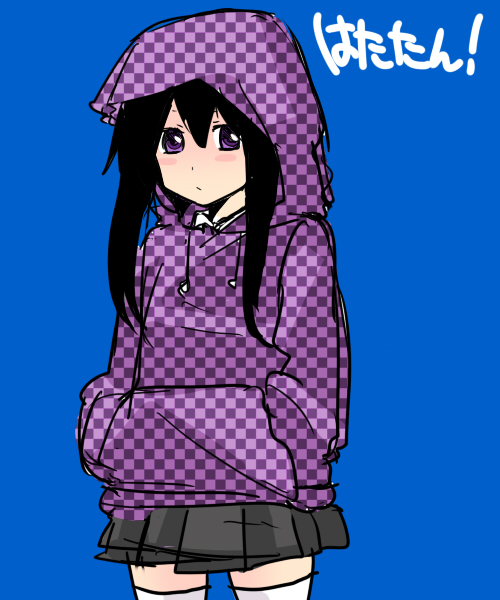 1girl alternate_costume black_hair blue_background blush female_focus hata-tan_(rui_(hershe)) himekaidou_hatate hood jacket long_hair long_sleeves purple_eyes rui_(hershe) solo thighhighs touhou unmoving_pattern white_thighhighs