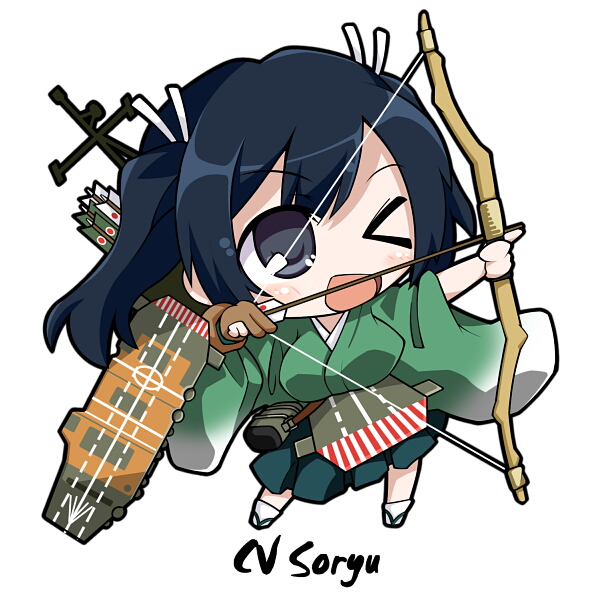 &gt;:d &gt;_o 10s 1girl :d ;d archery arrow_(projectile) black_hair blue_eyes blush bow_(weapon) breasts character_name chibi female_focus flight_deck gloves japanese_clothes kantai_collection kyuudou large_breasts one_eye_closed open_mouth partially_fingerless_gloves partly_fingerless_gloves personification quiver ribbon short_hair single_glove skirt smile solo souryuu_(kancolle) take_tonbo twintails v-shaped_eyebrows weapon yugake