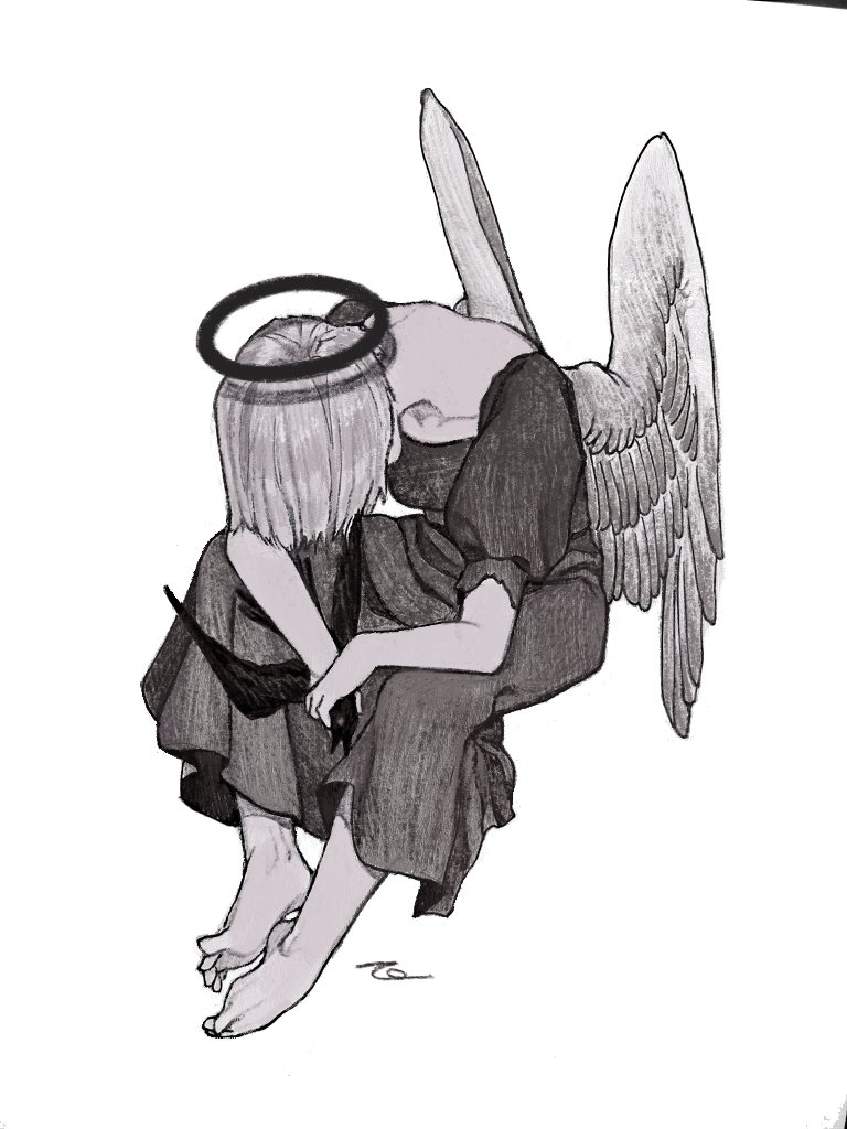 1girl angel angel_wings animal barefoot bird black_dress black_halo collarbone crow dress feathered_wings full_body hair_over_face halo holding holding_animal holding_bird long_dress original short_hair signature solo strangling toes toktin_zq traditional_halo white_background white_hair white_wings wings