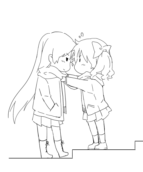 2girls blush bow chibi face-to-face flying_sweatdrops from_side greyscale hair_bow height_difference long_hair long_sleeves looking_at_another monochrome multiple_girls musujime_awaki outstretched_arms pleated_skirt profile scarf shared_clothes shared_scarf shirai_kuroko sketch skirt smile toaru_majutsu_no_index usamin_(megumikira) very_long_hair yuri