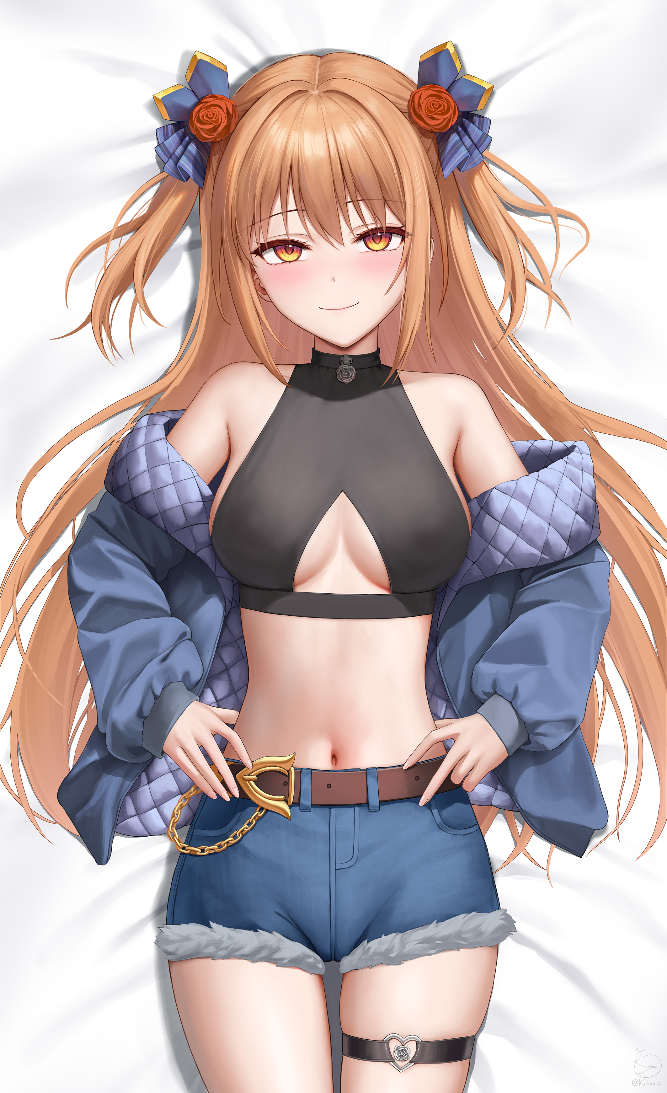 1girl absurdres bare_shoulders belt wallet_chain blush breasts breasts_apart closed_mouth clothing_cutout cowboy_shot cutoffs dakimakura_(medium) flower hair_flower hair_ornament highres jacket keine09 long_hair looking_at_viewer lying medium_breasts midriff navel nozomi_(princess_connect!) o-ring o-ring_thigh_strap off-shoulder_jacket off_shoulder on_back open_clothes open_jacket orange_eyes orange_hair princess_connect! rose short_shorts shorts smile solo thigh_strap underboob_cutout