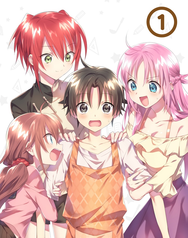 1boy 3girls apron arm_hug blue_eyes blush braid breasts brown_eyes brown_hair brown_skirt chinese_clothes collarbone commentary_request double_arm_hug green_eyes hair_ornament hair_scrunchie hand_on_another&#039;s_shoulder hinotta kouroya_sutea large_breasts long_hair long_sleeves looking_at_another looking_at_viewer megami-ryou_no_ryoubo-kun midriff_peek multiple_girls nagumo_koushi official_art open_mouth orange_apron pink_hair pink_shirt plaid_apron plaid_clothes pleated_skirt purple_skirt red_hair red_scrunchie saotome_atena school_uniform scrunchie senshou_kiriya serafuku shirt short_hair shorts skirt white_shirt yellow_shirt