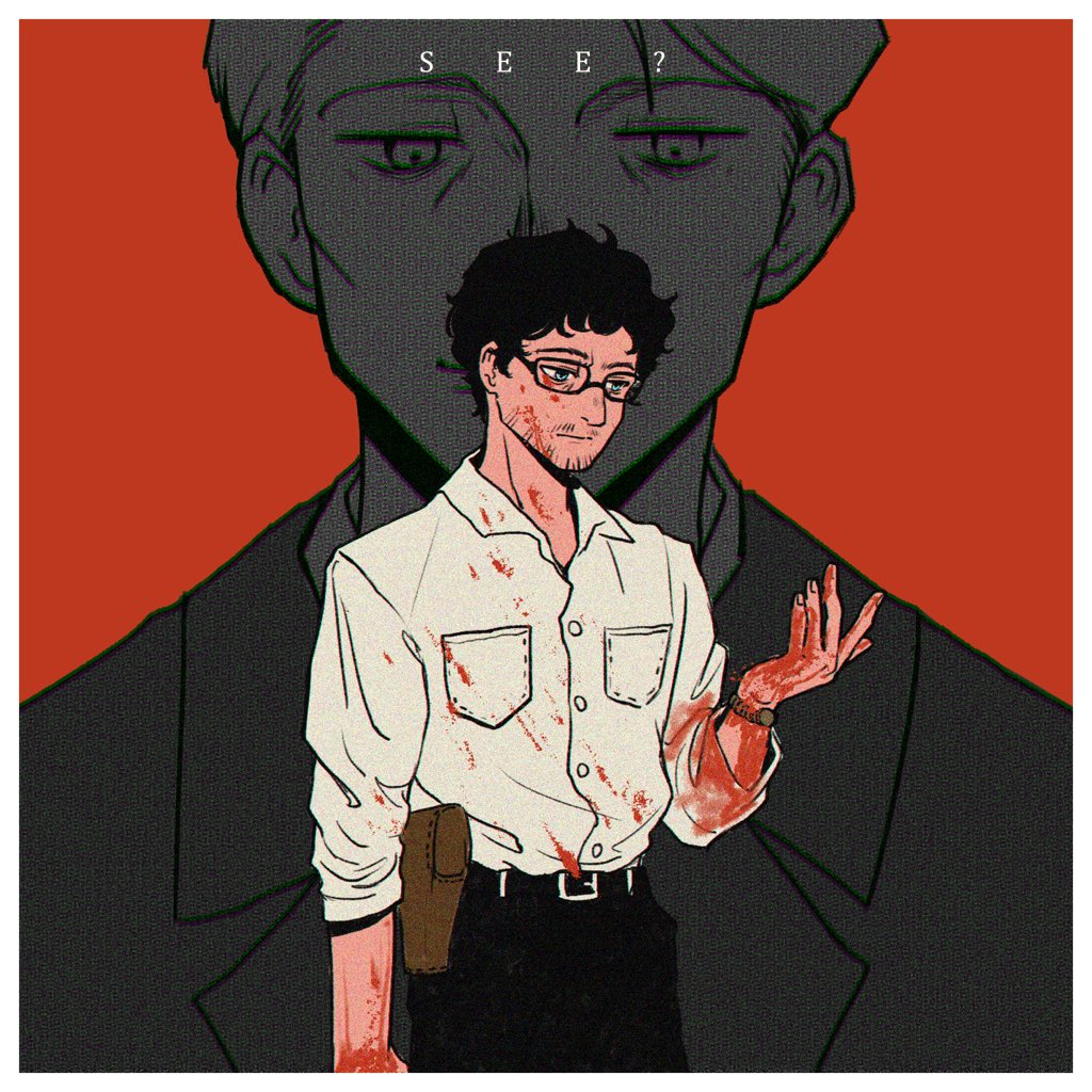 2boys bakabakalii belt belt_buckle black_belt black_hair black_pants blood blood_on_clothes blood_on_face blood_on_hands blue_eyes border buckle collared_shirt cowboy_shot facial_hair glasses hannibal_(tv_series) hannibal_lecter jacket looking_at_hand male_focus multiple_boys pants red_background shirt short_hair sleeves_rolled_up stubble suit_jacket watch wavy_hair white_border white_shirt will_graham wristwatch