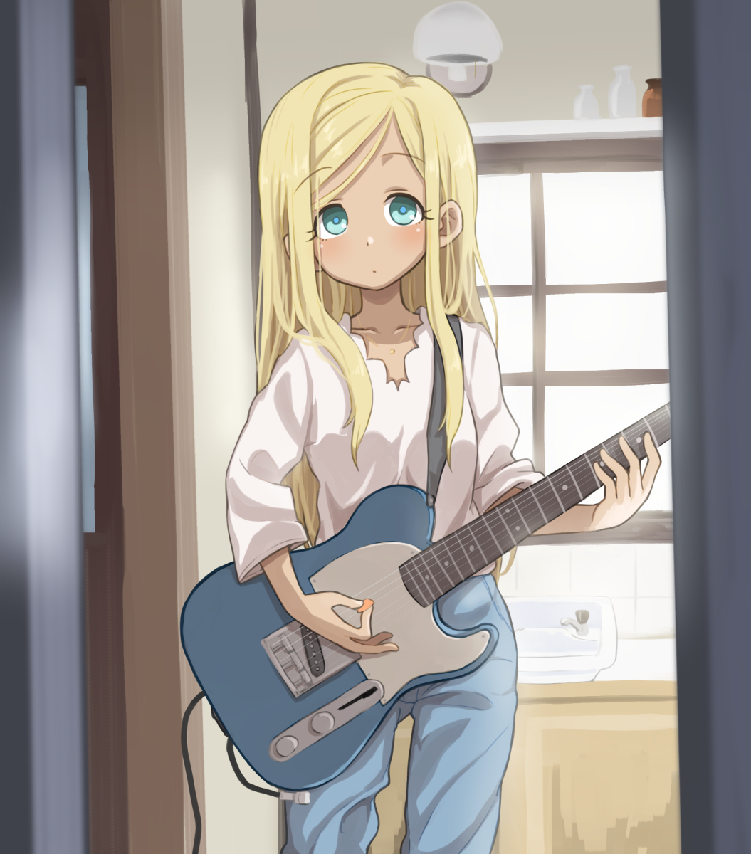 1girl blonde_hair blue_eyes blush clip_studio_paint_(medium) dark-skinned_female dark_skin electric_guitar expressionless gazacy_(dai) guitar highres holding holding_plectrum idolmaster idolmaster_cinderella_girls indoors instrument layla_(idolmaster) long_hair looking_at_viewer plectrum solo tareme