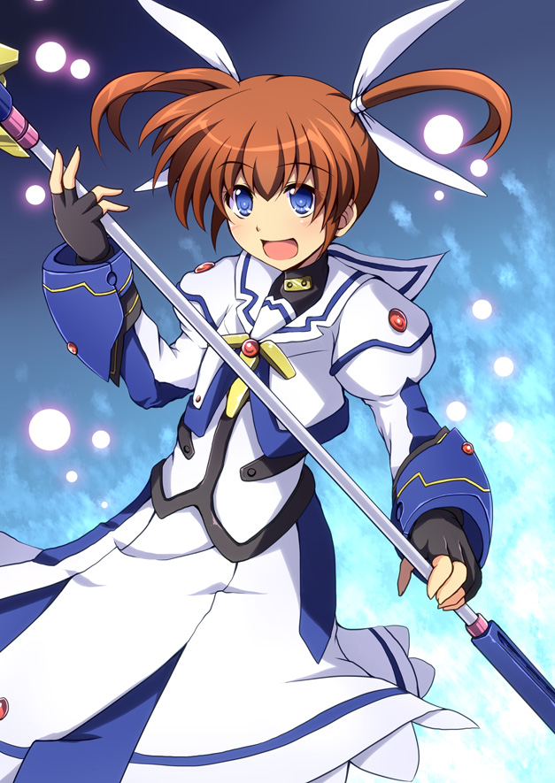 10s 1girl blue_eyes brown_hair cross_(crossryou) female_focus fingerless_gloves gloves long_hair lyrical_nanoha mahou_shoujo_lyrical_nanoha mahou_shoujo_lyrical_nanoha_the_movie_1st solo takamachi_nanoha takamachi_nanoha_(movie_1st_mode) twintails