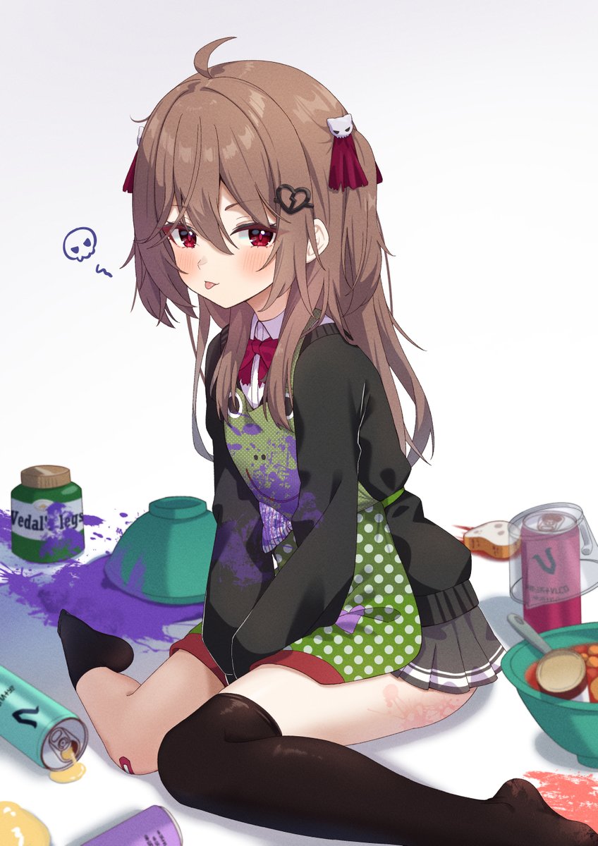 1girl ahoge apron asymmetrical_legwear bandaid bandaid_on_knee bandaid_on_leg beans black_cardigan black_skirt black_socks black_thighhighs bow bowtie broken_heart_hair_ornament brown_hair can cardigan chahanramen closed_mouth collared_shirt dress_shirt evil_neuro-sama food from_side full_body green_apron hair_between_eyes hair_ribbon highres long_hair long_sleeves looking_at_viewer neuro-sama no_shoes off-shoulder_cardigan pleated_skirt red_bow red_bowtie red_eyes red_ribbon ribbon shirt simple_background single_sock single_thighhigh sitting skirt socks solo thighhighs tongue uneven_legwear vedal_ai virtual_youtuber wariza white_background white_shirt
