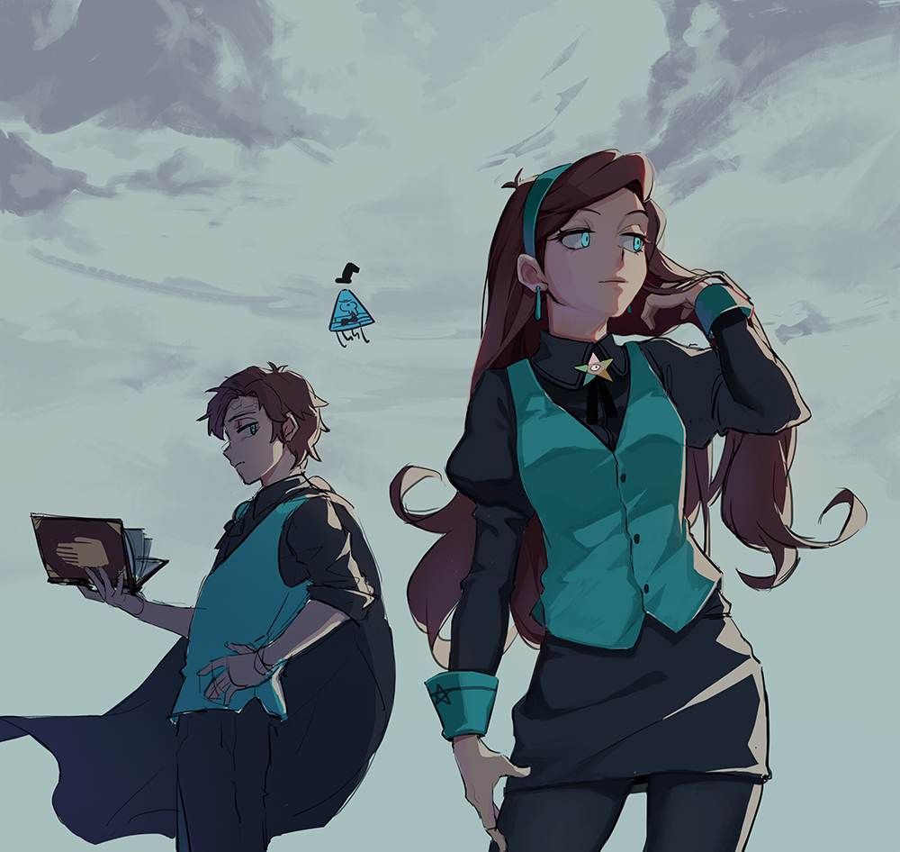 1boy 1girl 8c adjusting_hair alternate_universe aqua_eyes aqua_vest bill_cipher black_pantyhose black_shirt black_skirt blue_eyes book brother_and_sister brown_hair cape contrapposto curly_hair dark_persona dipper_gleeful dipper_pines earrings gravity_falls hairband hand_on_own_hip jewelry long_hair long_sleeves looking_to_the_side mabel_gleeful mabel_pines miniskirt open_book outdoors pantyhose pencil_skirt pentagram puffy_long_sleeves puffy_sleeves reverse_falls_(gravity_falls) shirt siblings skirt sky sleeves_rolled_up standing tears vest will_cipher