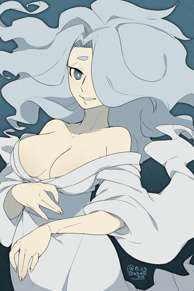 10s 1girl artist_name bare_shoulders breasts dated enraenra_(youkai_watch) female_focus hair_over_one_eye half-closed_eyes japanese_clothes kimono large_breasts long_hair sg_(suuchan) solo traditional_youkai twitter_username youkai_watch