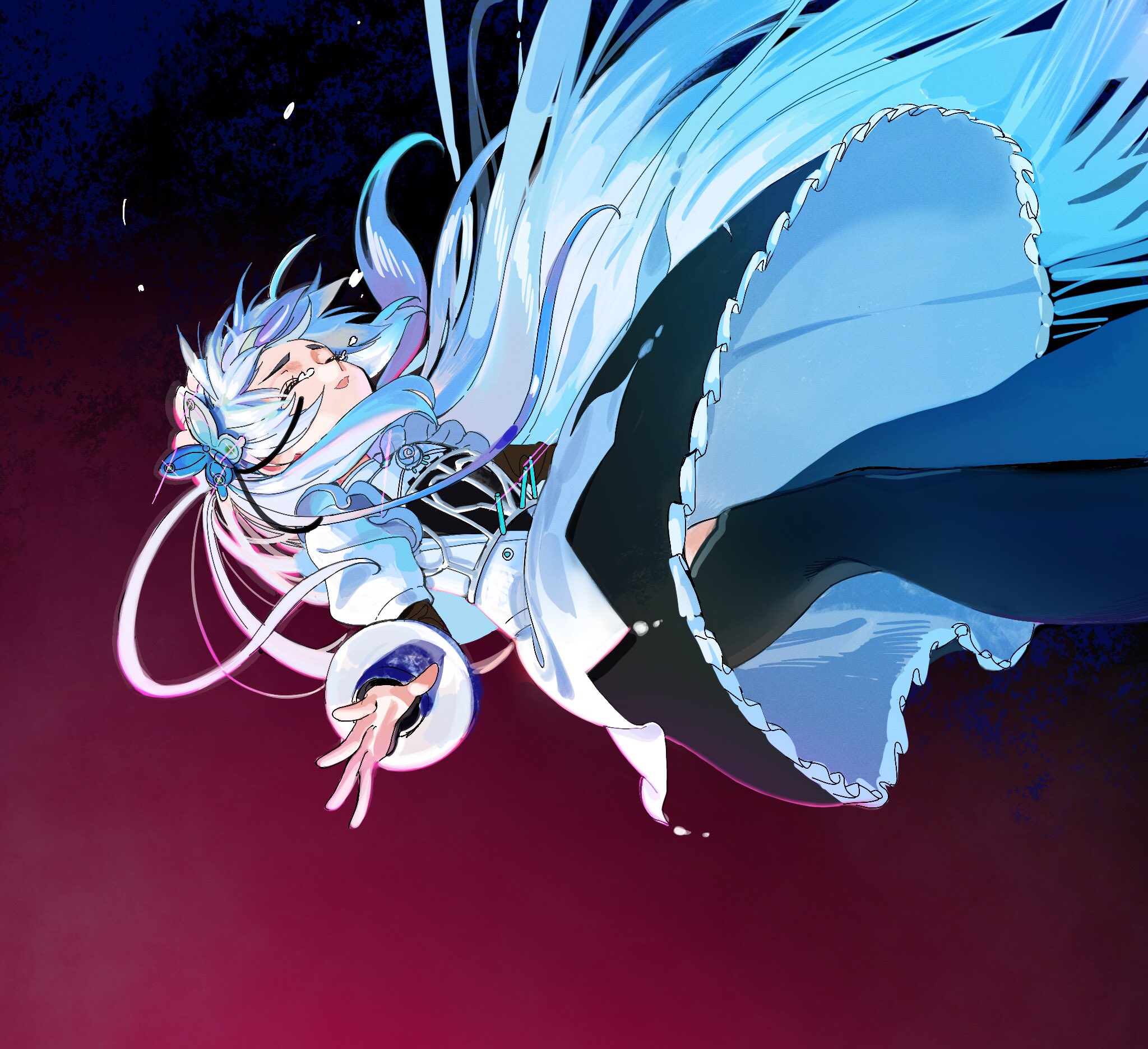 1girl butterfly_hair_ornament chaika_trabant closed_eyes dress falling feet_out_of_frame floating_tears hair_ornament highres hitsugi_no_chaika kaede_(shijie_heping) long_hair long_sleeves parted_lips puffy_sleeves silver_hair solo tears thighhighs two-tone_background very_long_hair