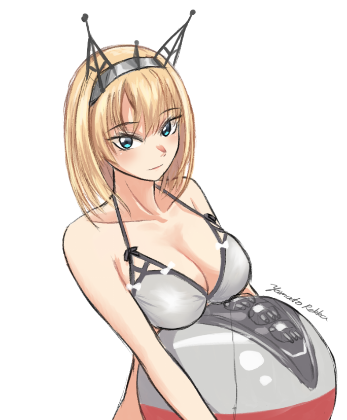 1girl alternate_color artist_name azur_lane ball beachball bikini blonde_hair breasts cleavage cosplay green_eyes grey_bikini historical_name_connection kantai_collection looking_at_viewer name_connection official_alternate_costume one-hour_drawing_challenge rekka_yamato rodney_(azur_lane) rodney_(azur_lane)_(cosplay) rodney_(future_seaside_admiral)_(azur_lane) rodney_(kancolle) swimsuit upper_body