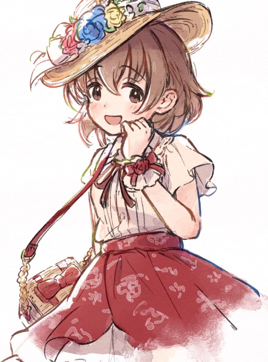 1girl bag blush brown_eyes brown_hair brown_hat commentary flower frilled_wristband hageringo hand_up hat hat_flower idolmaster idolmaster_cinderella_girls kita_hinako looking_at_viewer medium_hair open_mouth red_ribbon red_skirt ribbon shirt short_sleeves shoulder_bag sidelocks skirt smile solo symbol-only_commentary white_background white_shirt