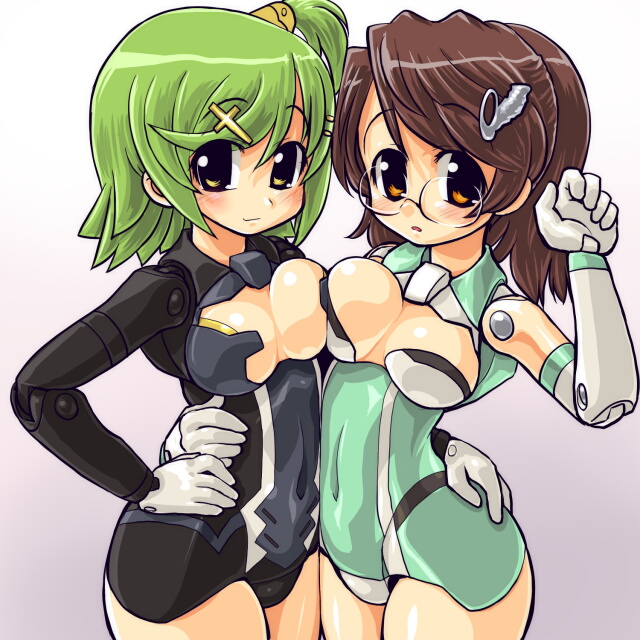 10s 2girls arm_around_waist asymmetrical_docking bad_id bad_pixiv_id blush breast_press breasts bright_feather_(busou_shinki) brown_hair busou_shinki cleavage cleavage_cutout clenched_hand clothing_cutout covered_navel cowboy_shot cross cross_hair_ornament dd_(ijigendd) doll_joints elbow_gloves glasses gloves gradient_background green_hair grey_background hair_ornament hairclip hand_on_own_hip hand_up harmony_grace hip_focus hug joints large_breasts leotard light_smile looking_at_viewer multiple_girls one_side_up orange_eyes rimless_eyewear short_hair smile swept_bangs symmetrical_docking unaligned_breasts white_gloves yellow_eyes