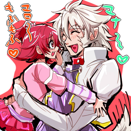 1boy 1girl aida_mana biho_(tsuinku) couple dokidoki!_precure closed_eyes flipped_hair half_updo happy hetero hug jacket lowres marsh_(dokidoki!_precure) messy_hair pink_eyes pink_hair pink_skirt precure shirt short_hair sideburns skirt white_hair