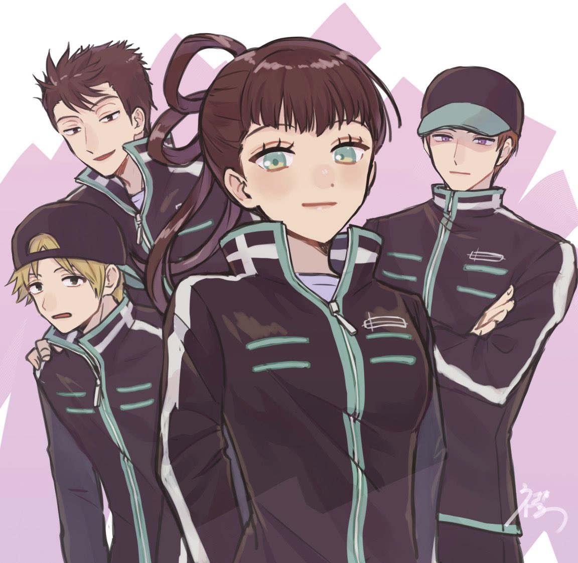 1girl 3boys arafune_squad's_uniform arafune_tetsuji backwards_hat black_eyes black_hair black_hat black_jacket black_pants blonde_hair brown_hair closed_mouth collared_jacket crossed_arms erinan hair_rings hanzaki_yoshito hat hokari_atsushi jacket kagami_rin long_hair long_sleeves looking_at_viewer multiple_boys open_mouth pants ponytail purple_eyes smile world_trigger