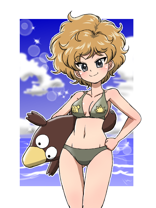 1girl bikini blue_eyes blue_sky breasts brown_bikini closed_mouth cloud cloudy_sky commentary cowboy_shot day girls_und_panzer gluteal_fold groin halterneck hand_on_own_hip holding holding_stuffed_toy horizon inflatable_toy kamonohashi_(girls_und_panzer) lens_flare looking_at_viewer medium_breasts messy_hair navel ocean orange_hair outdoors print_bikini sky smile solo sparkle standing stuffed_platypus stuffed_toy swimsuit takahashi_kurage textless_version thigh_gap