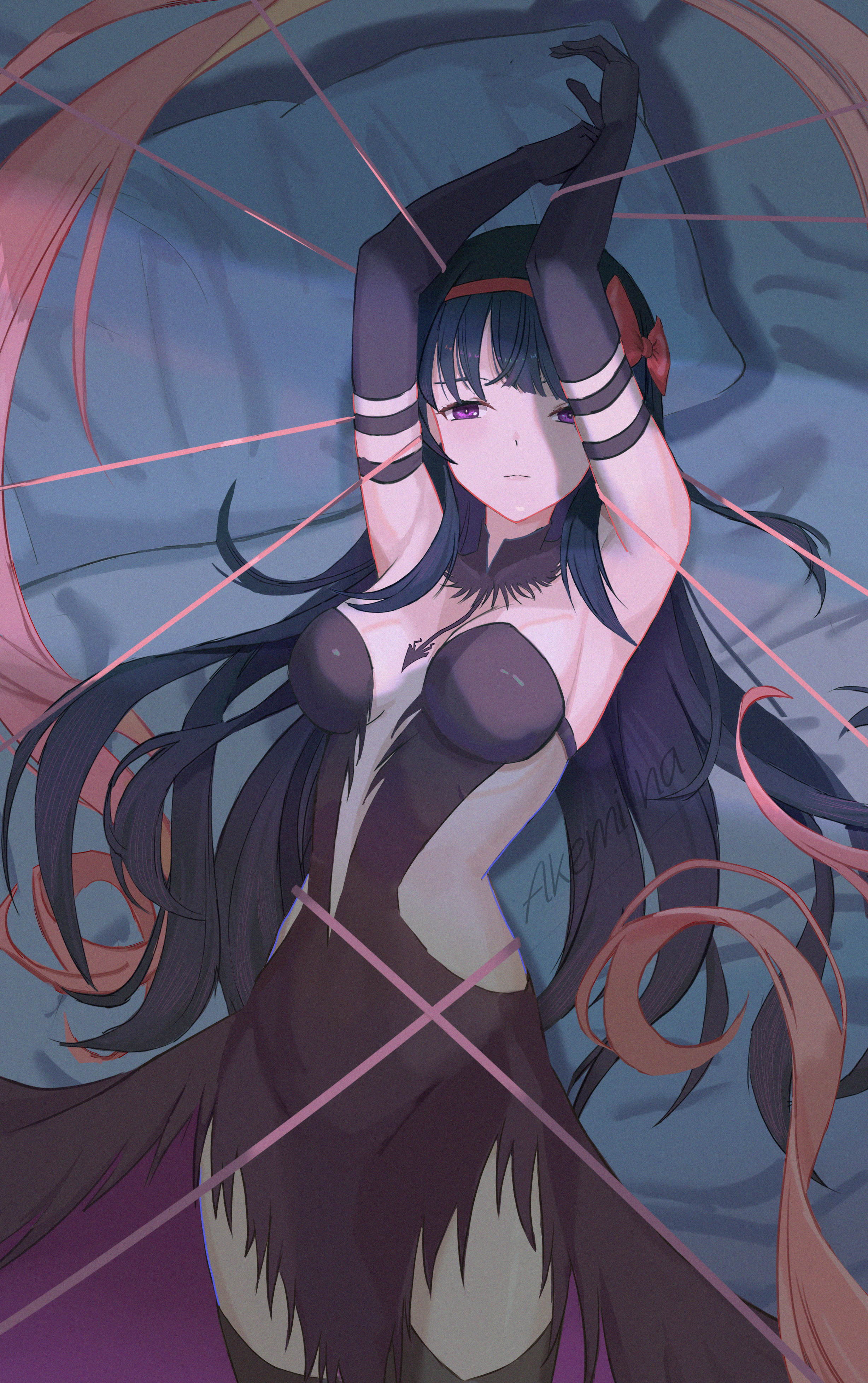 1girl absurdres akemi_ha akemi_homura akuma_homura armpits arms_up black_dress black_gloves black_hair bow bow_hairband breasts closed_mouth clothing_cutout dress elbow_gloves gloves hair_bow hairband highres long_hair lying mahou_shoujo_madoka_magica mahou_shoujo_madoka_magica:_hangyaku_no_monogatari mahou_shoujo_madoka_magica_(anime) on_back purple_eyes red_bow small_breasts solo very_long_hair