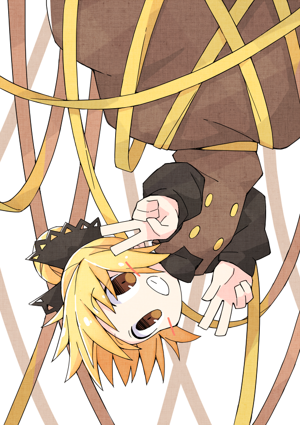 1girl asameshi black_bow black_shirt blonde_hair blush_stickers bow brown_dress brown_eyes commentary double_v dress female_focus grin hair_bow hair_bun kurodani_yamame long_sleeves looking_at_viewer ribbon shirt short_hair single_hair_bun smile solo touhou upper_body upside-down v white_background yellow_ribbon
