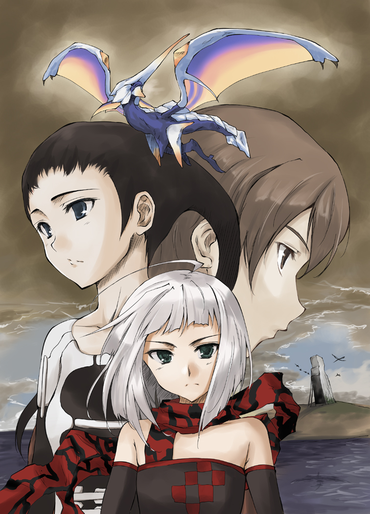 ahoge aqua_eyes azel_(panzer_dragoon) bare_shoulders black_hair blue_eyes brown_hair cloud detached_sleeves dragon edge_(panzer_dragoon) long_hair orta panzer_dragoon panzer_dragoon_orta panzer_dragoon_saga scarf shibusawa_hayato short_hair silver_hair sky water