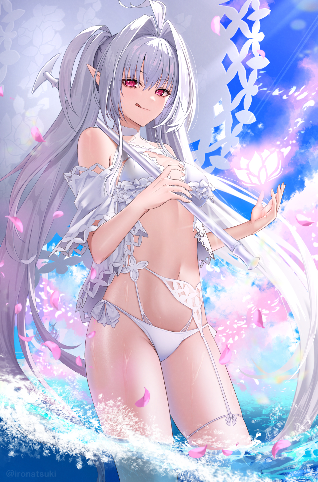 1girl ahoge bare_shoulders bikini breasts cleavage fate/grand_order fate_(series) frilled_bikini frills highres ironatsuki lady_avalon_(fate) lady_avalon_(second_ascension)_(fate) licking_lips long_hair looking_at_viewer medium_breasts merlin_(fate/prototype) merlin_(swimsuit_pretender)_(second_ascension)_(fate/prototype) navel ocean parasol pointy_ears purple_eyes smile solo swimsuit thighs tongue tongue_out umbrella very_long_hair wading white_bikini white_hair