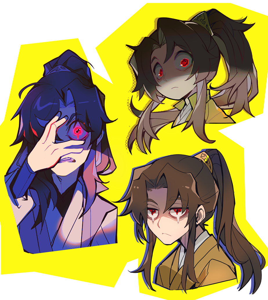 1boy brown_hair chang_geng chinese_clothes commentary crying crying_with_eyes_open english_commentary frown glowing glowing_eyes hand_over_eye hanfu high_ponytail long_hair looking_at_viewer male_focus multiple_views open_mouth partially_shaded_face ponytail red_eyes red_hanfu sebychu sha_po_lang sidelocks tears upper_body wide-eyed xiao_guan_(headdress)